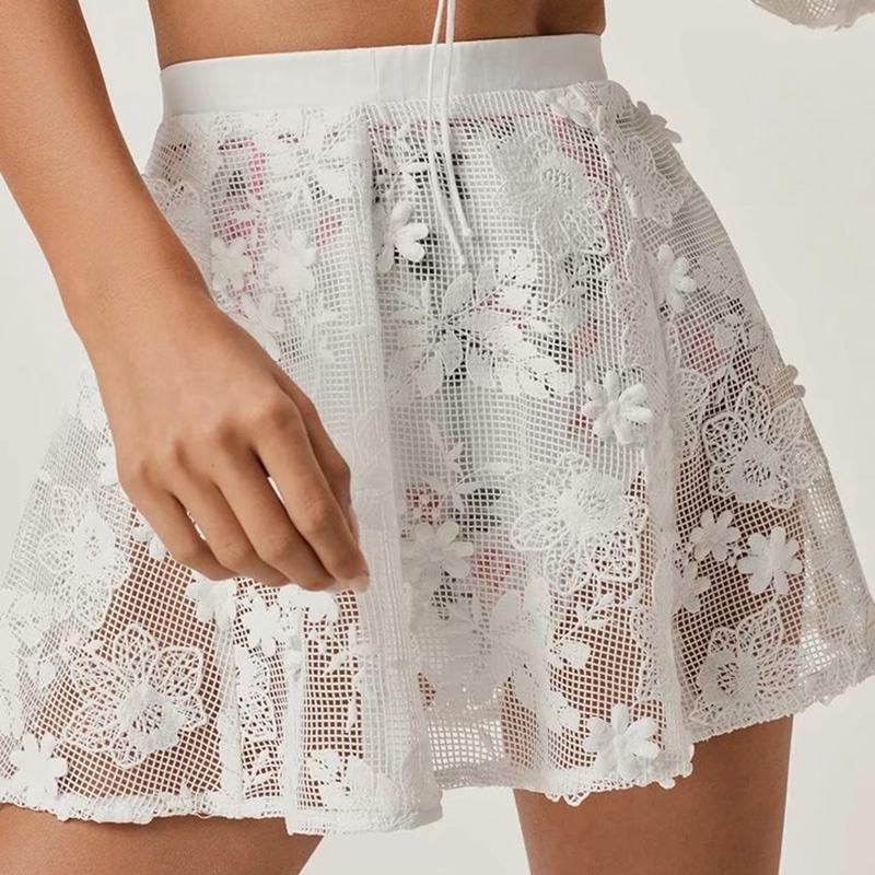 

Women Sexy Lace Mesh Floral Embroidery Skirt Summer Casual High Waist Elastic Hollow Out Pencil See Through Short White Skirt