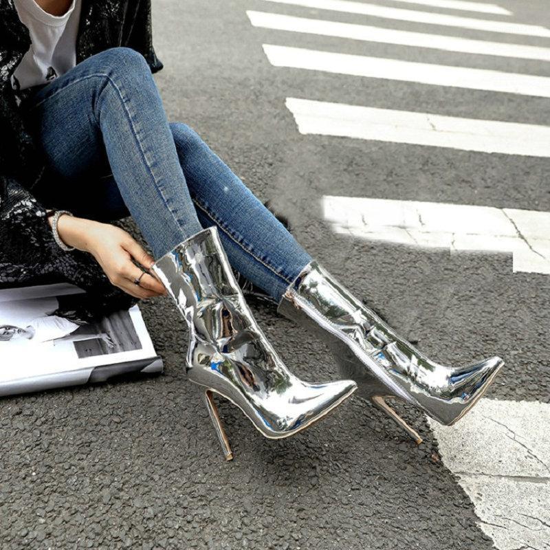 

Patent PU leather gold sliver lady stilettos booties point toe thin high heels women winter mid-calf boots size 481