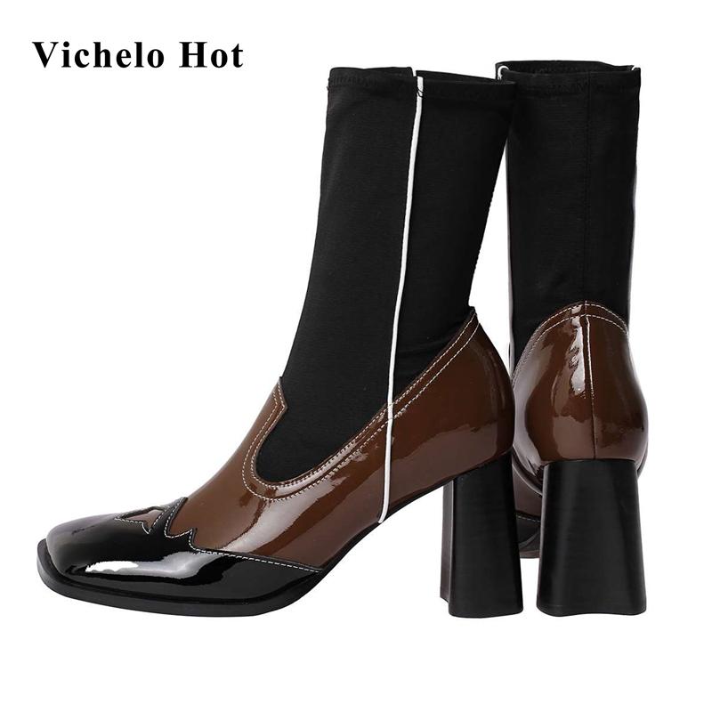 

Vichelo Hot new mixed colors vintage stretch boots square toe super high heel gentlewomen elegant streetwear mid-calf boots L25, Black