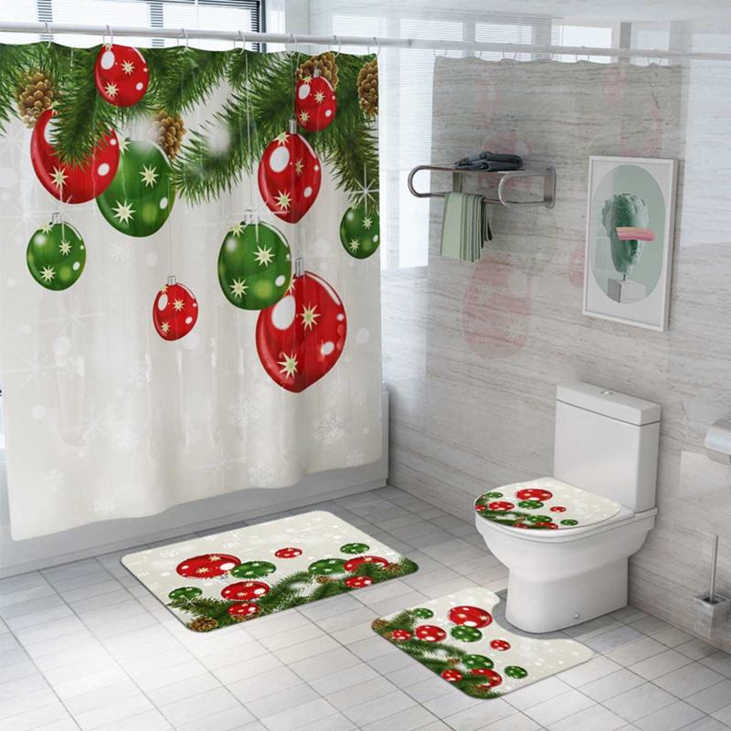 

4PCS/set Christmas Ball Star Decorative Balloon Bathroom Rug Shower Curtain Skidproof Toilet Lid Cover Bath Mat Rug Set