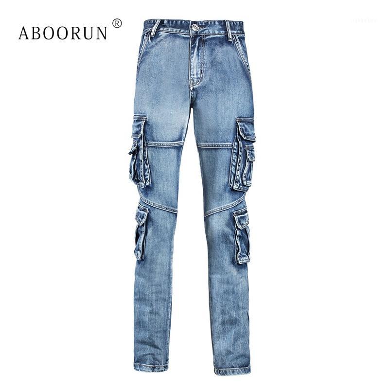 

ABOORUN Men's Retro Cargo Jeans Multi Pockets Patchwork Overalls Jeans High Quality Outdoor Brand for Male x16491, Blue