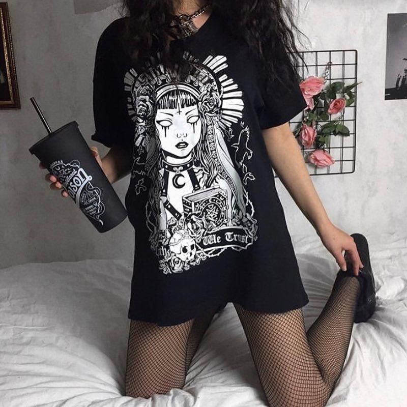 

Dark Witch Print Punk Style Short Sleeve T Shirt Dress Summer Loose Mini Dress Ladies Streetwear Black Halloween Clothes, The belt