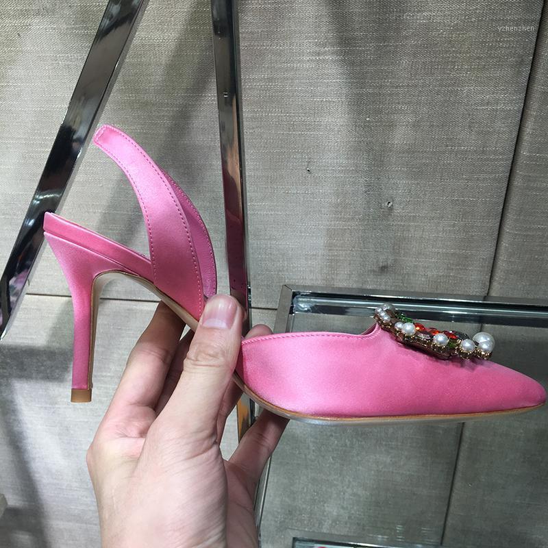 

2020 LKDY summer Pink imported silk stitching colored pearl rhinestones elegant high heels leather garden shoes 5.5cm1, Black