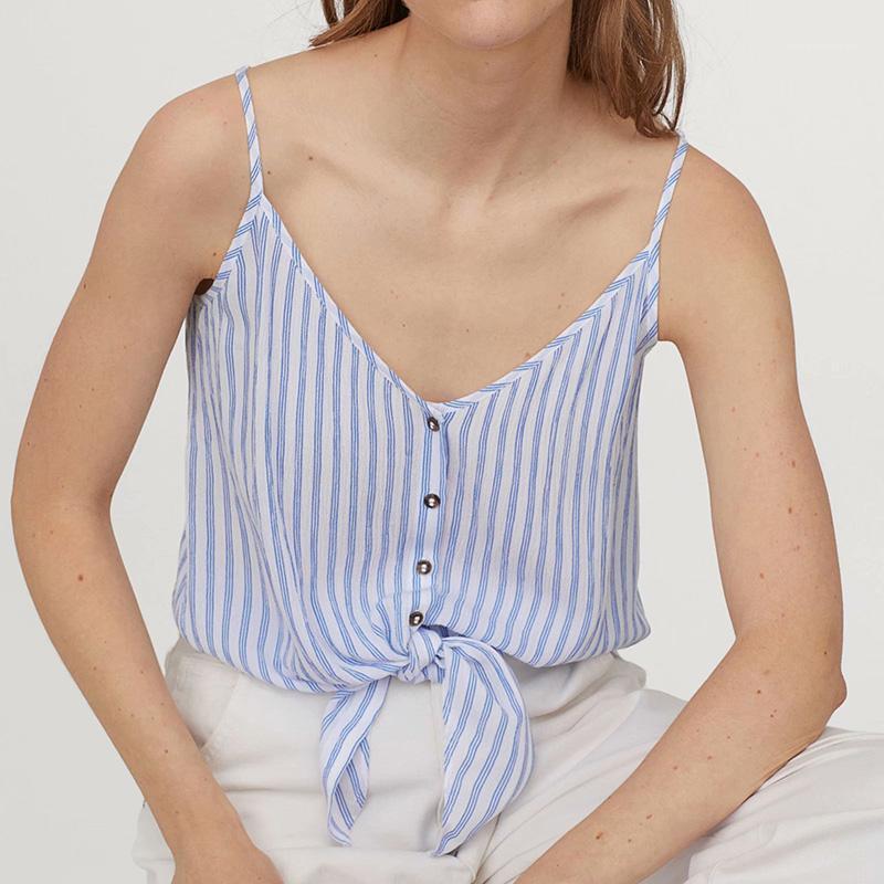 

Sexy Women Crop Tops Striped Tie Back Cami Casual Spaghetti Strap Bow Vest Knot Cropped Tank Tops Vest Button Cropped Feminino1, Blue