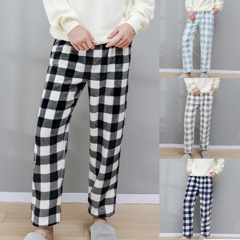 

pyjama homme Winter Men's Warm Plaid Sleep Bottoms Loose Flannel Home Wear Pajamas Pockets Plush Pants Elastic Band Sleepwear, Black