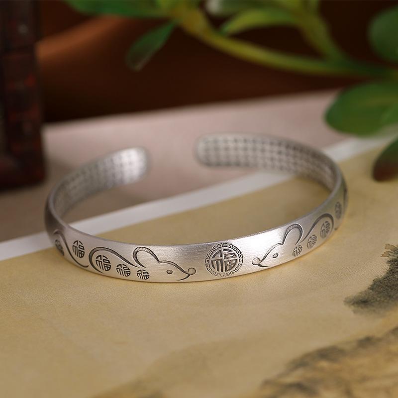 

999 fine silver benmingnian zodiac mouse male lady bracelet retro matte opening the heart sutra solid bracelets