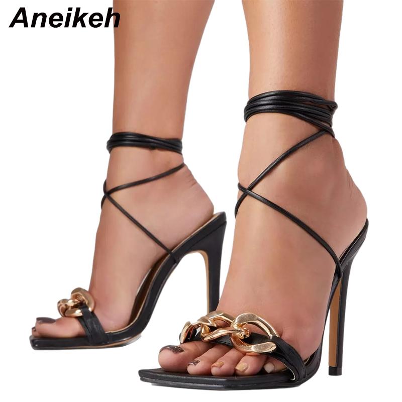 

Aneikeh 2021 New Square Head Chain Sandals Women Sexy PU METALLIC KNOT LACE UP STILETTO HEELS Summer Gladiator Pumps Shoes 35-42, Black