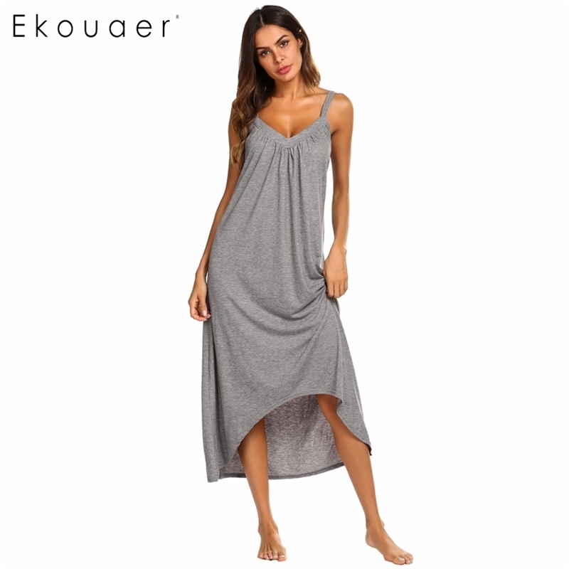

Ekouaer Nightgown Women Nightwear Dress Solid Irregular Hem Spaghetti Strap Loose Dress V-Neck Nightdress Sleepwear Y200425, Red