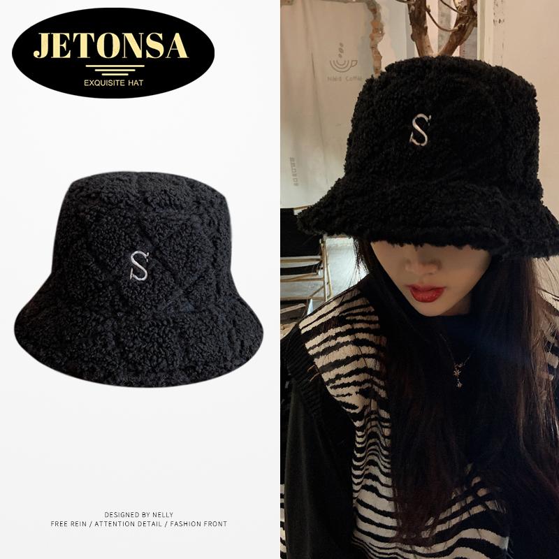 

Japanese literature and art letters plush fisherman hat women winter warm ear caps small basin hat women show small faces, Black