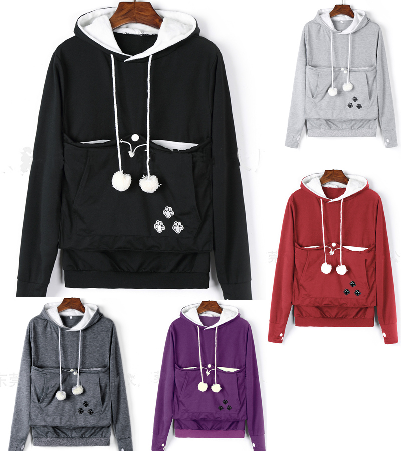 

autumn and winter kangaroo big pocket pet hooded sweater womens hoodies sweatshirts cat people long sleeve fleece s-3xl, Black