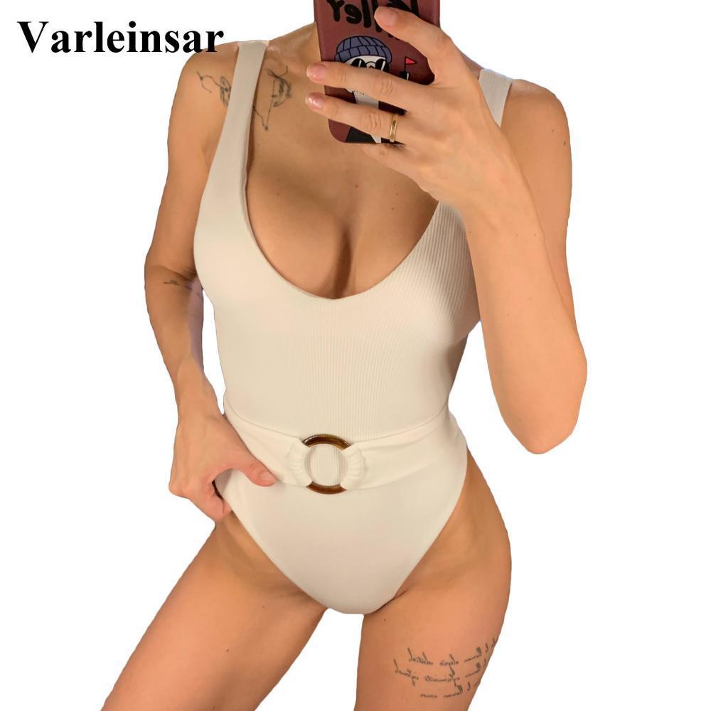 

NEW Women Swimwear White V Neck One Piece Swimsuit Female Bather With Waist Band Bathing Suit Monokini V1383 Y200319