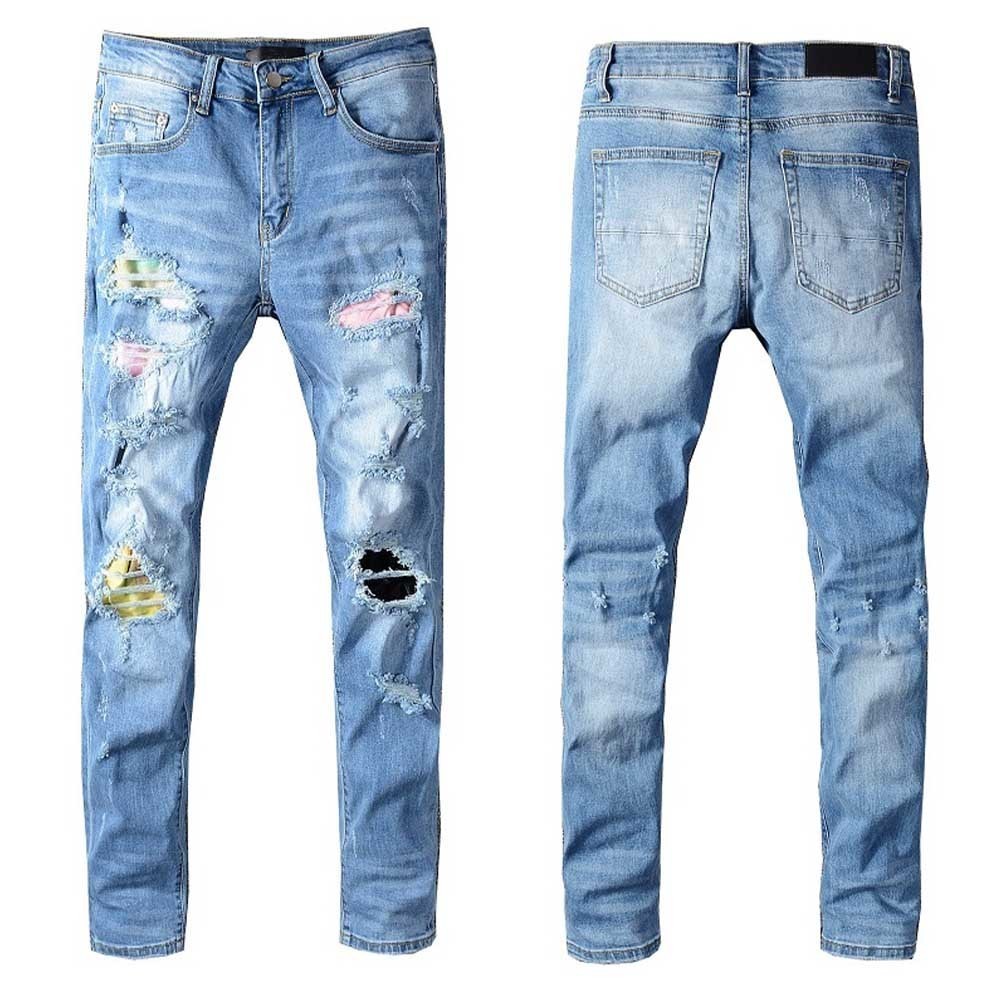 

Mens Jeans Classic Hip Hop Pants Stylist Jeans Distressed Ripped Biker Jean Slim Fit Motorcycle Denim Jeans WKM5, Blue