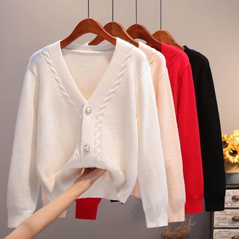 

Ladies Warm Sweater Cardigan Jacket Autumn V-neck Casual Loose Wild Short Section Thick Solid Color Buttons Sweater Top Outside, White
