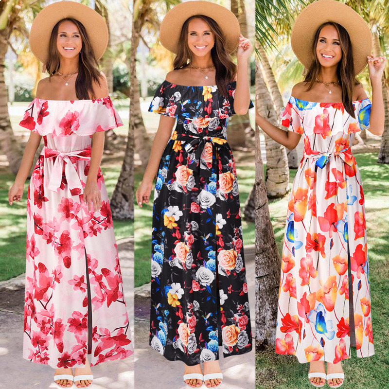 

2021 New Female Dress Slash Neck Off the Shoulder Sexy Vintage Bandage Plus Size Dressed in Flower Summer Clothes 7dhf, H2110-black