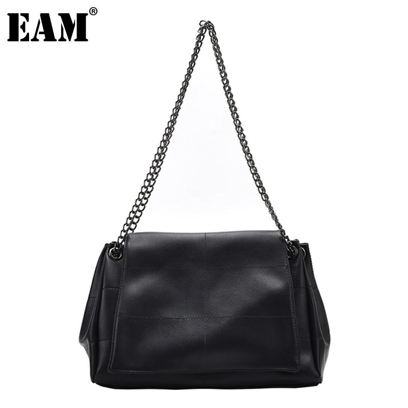 

[EAM] Women New Black Tote Bag Chains Elegant PU Leather Flap Personality All-match Crossbody Shoulder Bag Fashion 2021 18A1341