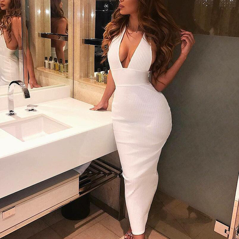 

2021 New Sexy V-neck Halter Ankle-length Bodycon Summer Sleeveless Club Patry Sheath Long Women Robe Femme Bandage Ute7, Navy blue