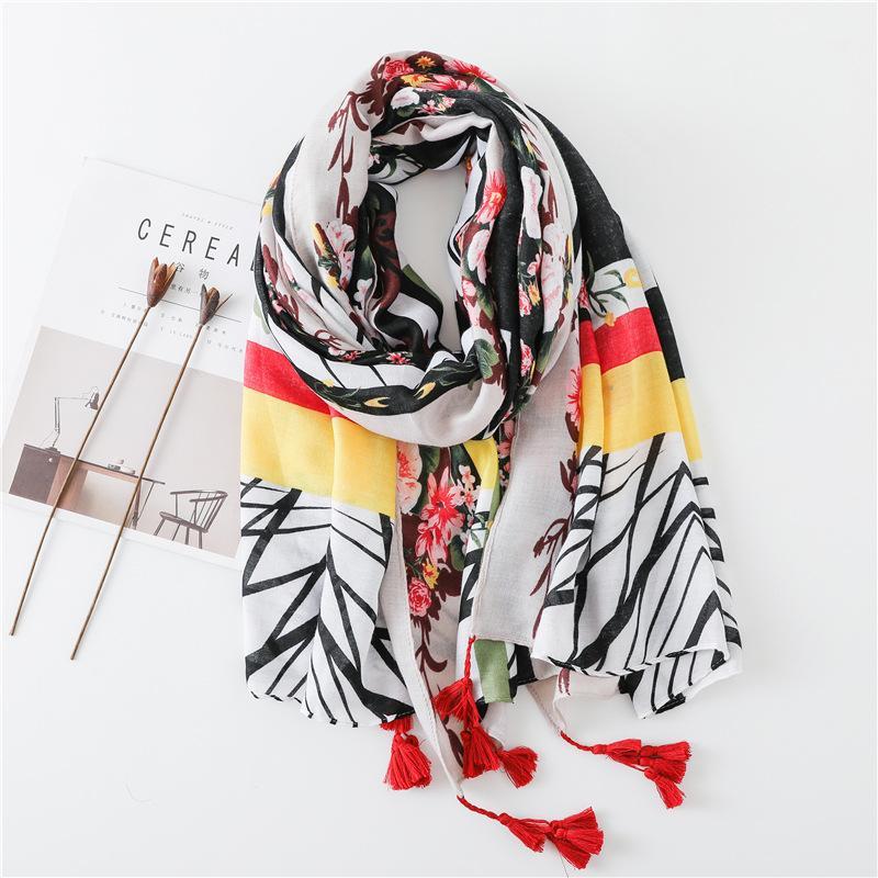 

Winter cotton and linen scarf women print tassel shawl summer sunscreen colour silk Scarves Ethnic style dustproof beach towel1, Blue;gray