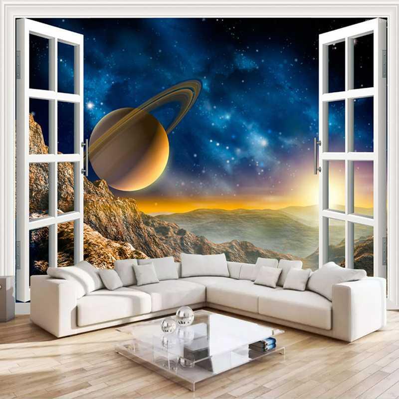 

Drop Shipping Custom Photo Wallpaper 3D Outside Window Scenery Planet Wall Mural TV Backdrop Wallpaper For Bedroom Walls 3D1, As pic