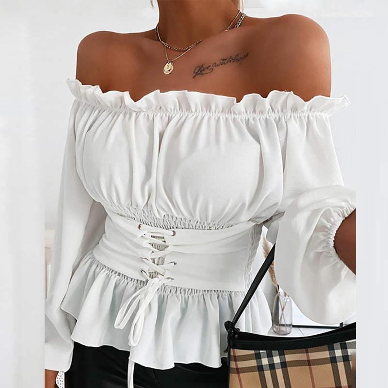 

2021 New Women Autumn Sexy Off Shoulder Lace Up Shirt Casual Print Long Sleeve Bandage Tops Summer Slim Shirred Chic Office Blouse 69s6, Floral