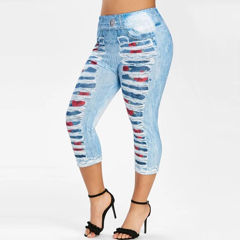 

3D Print FakeJeans Leggings Women Plus Size High Waist Imitation Denim Trousers Capri Casual Workout Yoga Pants 2020 slimming1, Purple
