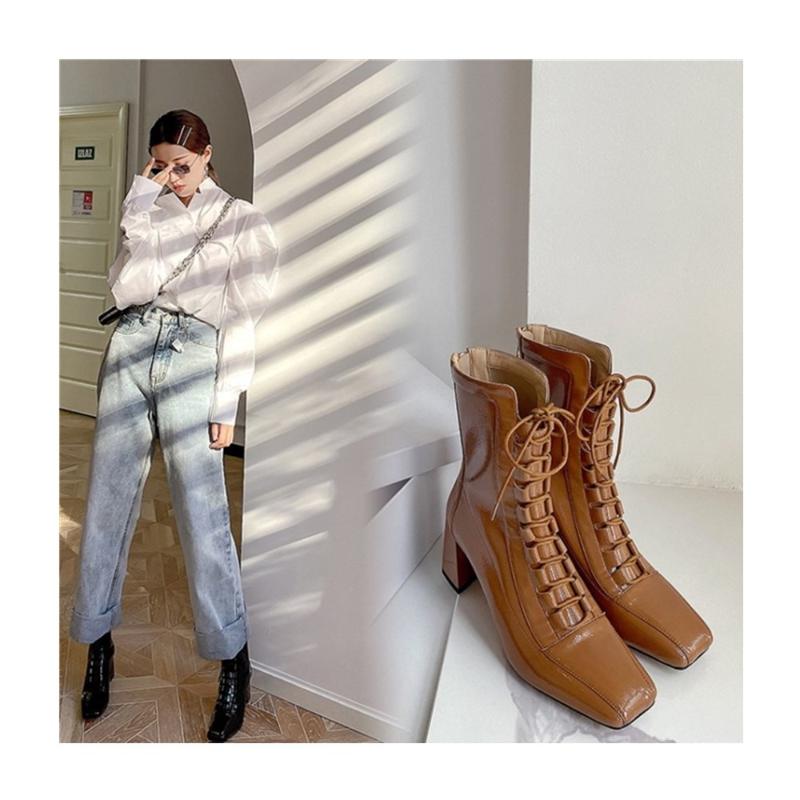 

Autumn and winter new elastic boots square toe thick heel zipper wrinkled patent leather short boots with thin skinny, Black