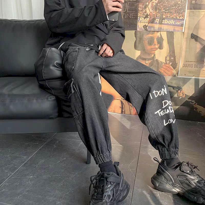

Black jeans men' streetwear Korean style loose slim feet trendy tooling trousers long pants trendy brand all-match cool female, 901black