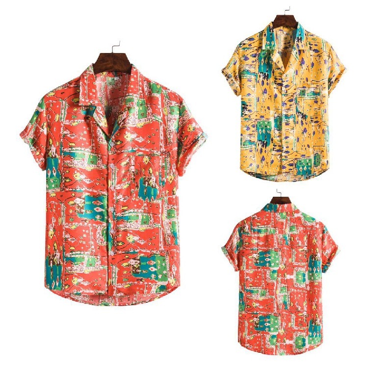 

2021 Foreign Trade Electricity Supply Summertime Loose Teenaged Boy Shirt Lapel Collar Short Male Flower Shir Sleeve Ewh7, Red