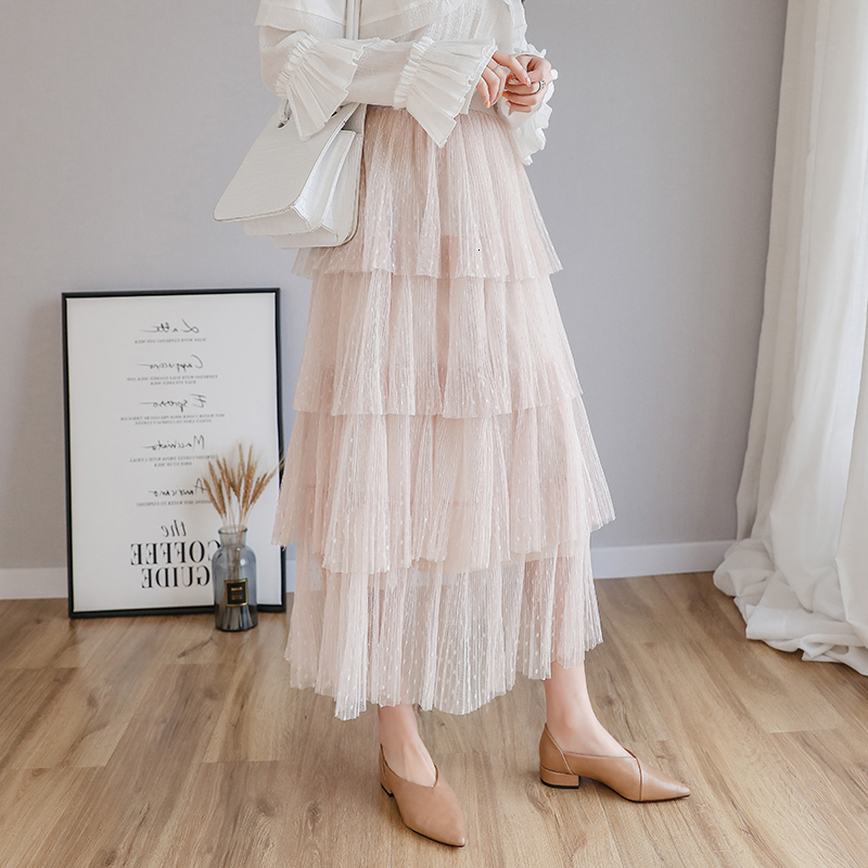 

Spring Autumn Sweet Cake of Mesh Long Princess High Waist Vintage Ruffles Tulle Layers Plied in Women's Skirts H6un, Haji