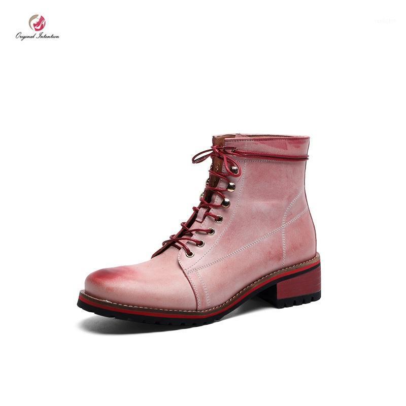 

Original Intention Stylish Spray Wax Leather Lace-Up Ankle Boots Round Toe Square Toe Boots Gradient Pink Green Shoes Woman1, Oi1349 pink
