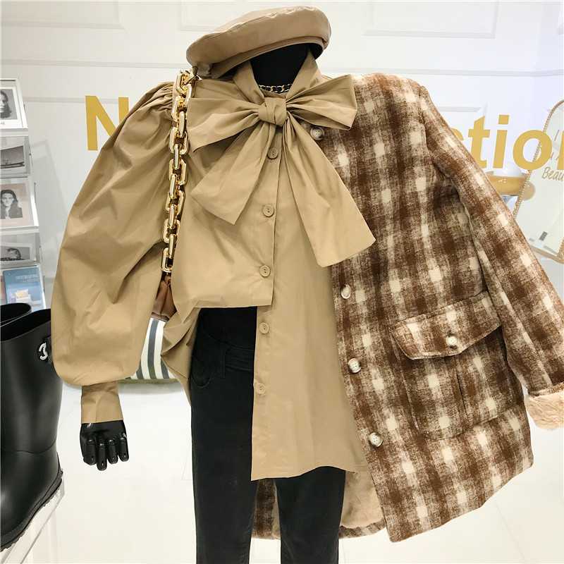 

Bow tie Long Sleeve Shirt Women's 2021Temperament Versatile cute design top fashion, Khaki