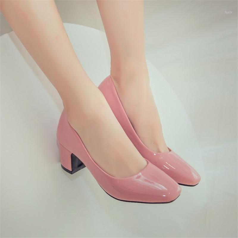 

PXELENA 2021 New Spring High Quality Elegant Fashion Square Toe Chunky High Heels Slip On Office Lady Dating Shoes Woman Pumps1, Beige