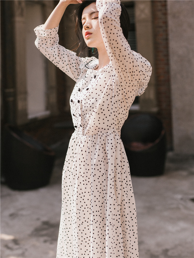 

2021 Spring Summer Mid-calf Fit and Flare Peter Pan Collar Dot Female Sweety Long White Dress 9wmh, Blue