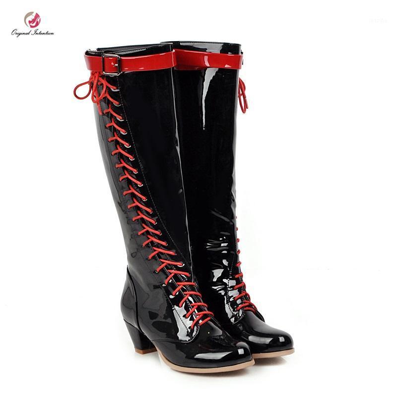 

Original Intention Fashion Red Sloping Cross-Tied Knight Mid-Calf Boots Woman Patent Leather Boots Black Shoes Woman Large Size1, Oi1434 black