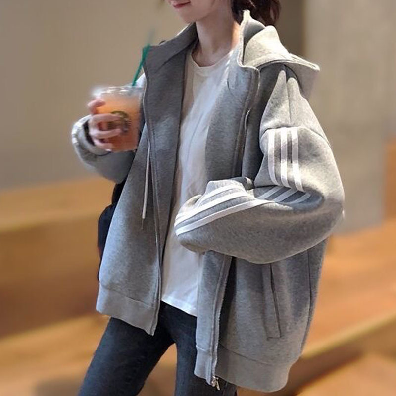 

Women Hooded Zipper Jackets Female Fashion Long Sleeve Casual Coats Plus Size Korean Loose Outwear 200930, Gray
