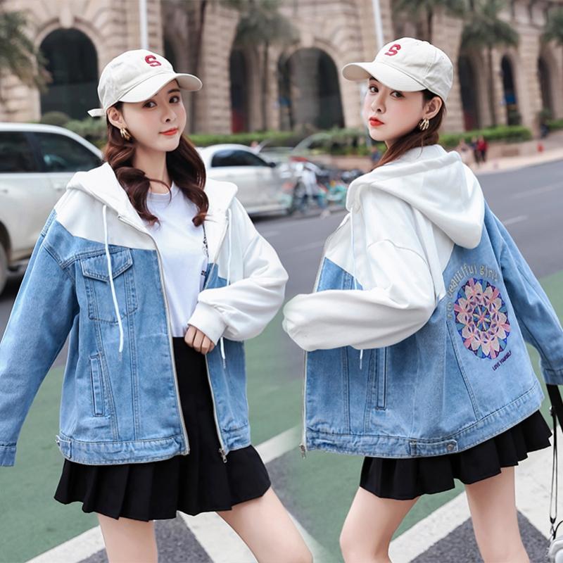 

SexeMara fashion spring The New splice Hooded Loose embroidery denim jacket Free shipping, Black