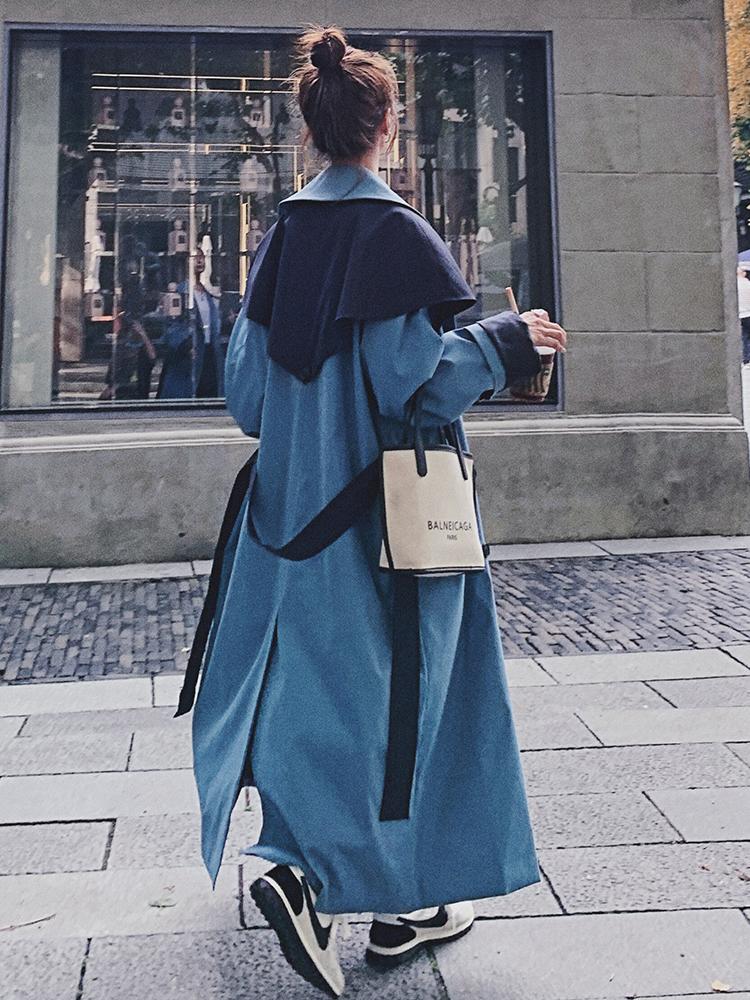 

Autumn Windbreaker Mid-length 2020 New Korean Style Double Breasted Loose Stitching Over The Knee Long Trench Coat For Women, Blue