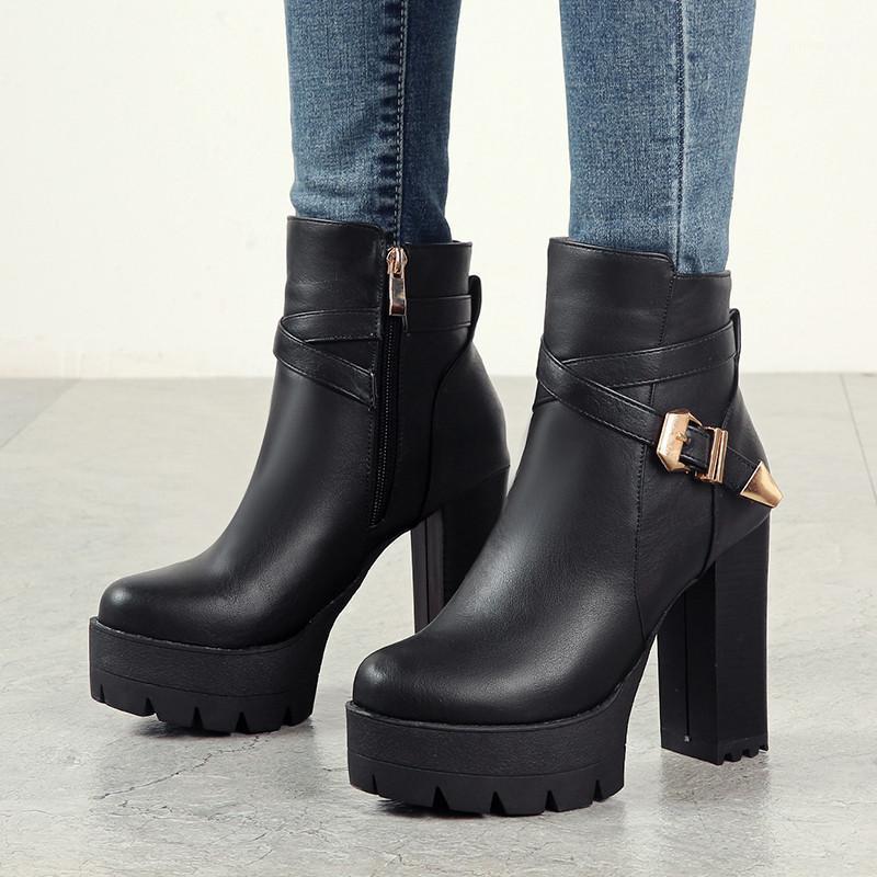 

YMECHIC Black Gothic Block High Heel Platform Punl Ladies Shoes Buckle Strap Large Size Black Womens Ankle Motorcycle Boots 20201