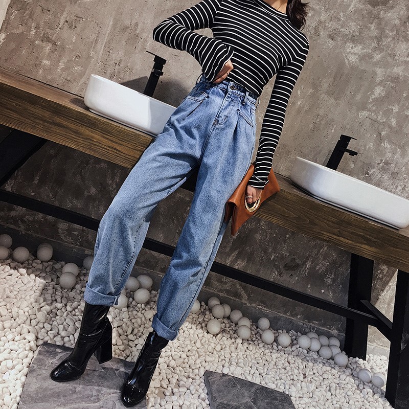 

2021 New Mulher Pai Harm Jeans De Cintura Alta Feminina Primavera e Outono Nova Coreano Solto Chique Retro Calas 2t48, Black