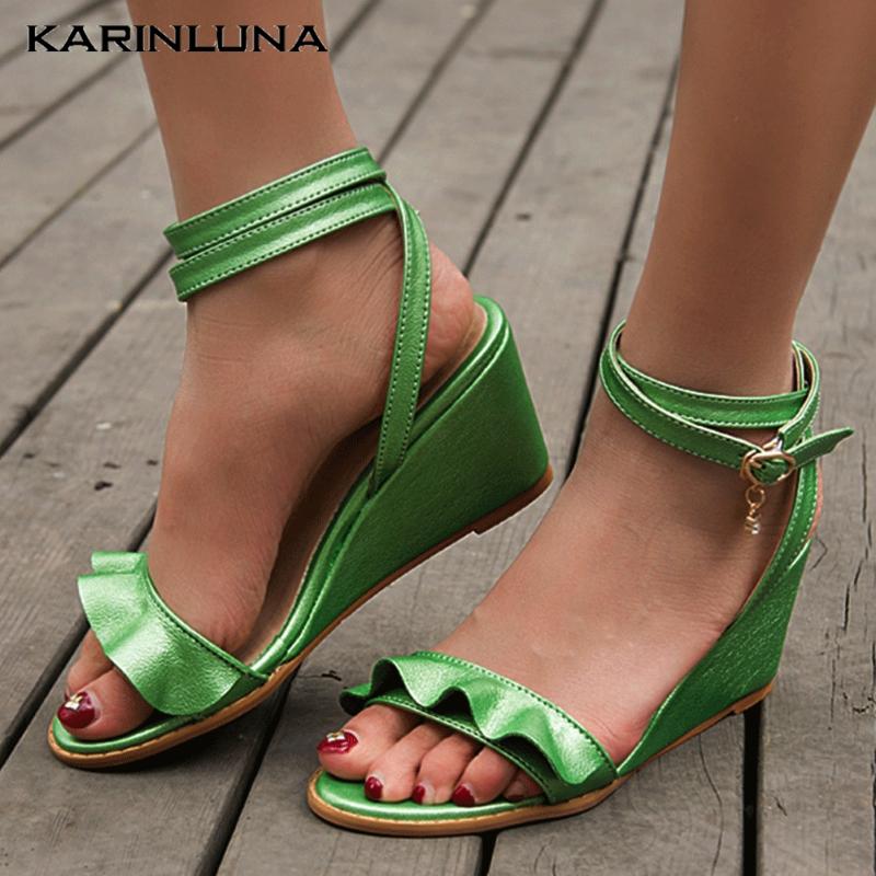 

Karin 2020 High Heels Big Size 43 ankle-strap Ruffles Summer Wedges Sandals Women Shoes, Green