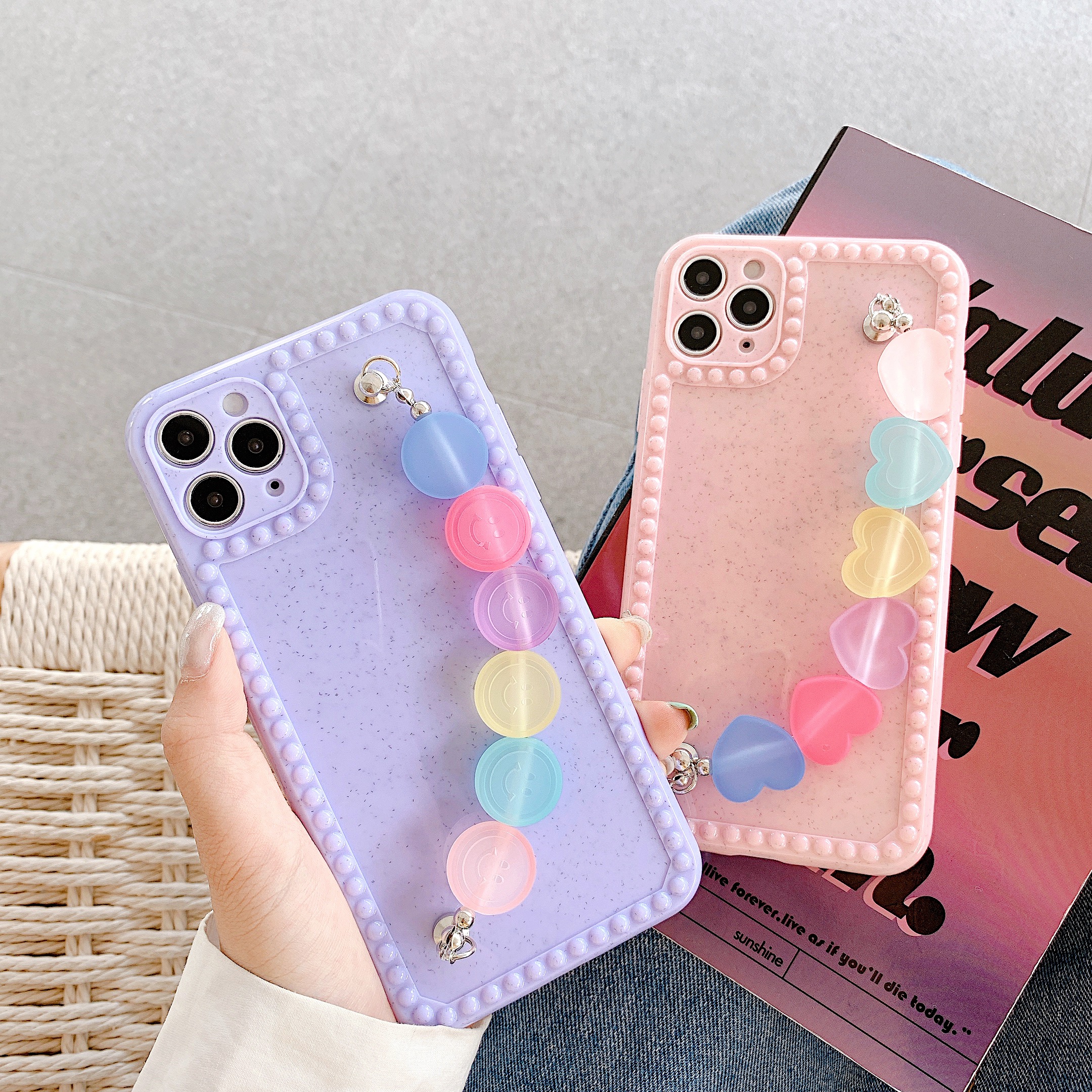 

Fresh Korea Cute Candy Color Love heart Bracelet Phone case for iphone 12 mini X XR XS 11pro MAX 7 8 plus back soft cover fundas, Mix colors