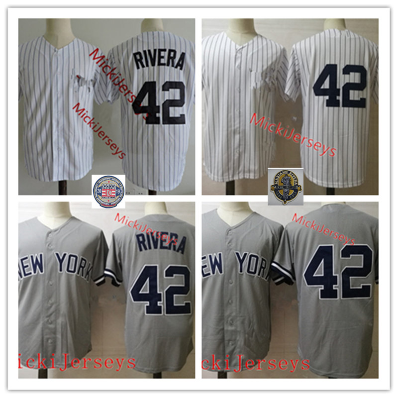 

Mens 2019 HOF Mariano Rivera Baseball Jersey Stitched white grey navy #42 Mariano Rivera retirement Patch Jersey -3XL, White / no name