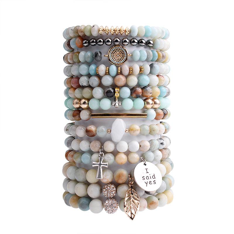 

2020 Natural Amazonite Stone Bracelet For Women Gold Leaf Tube Cubic Zircon Evil Eye Cross Medal Charm Bracelet For Gift