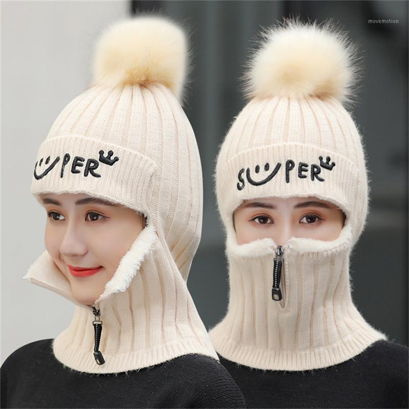 

Female Winter Knitted Hats Add Fur Lined Warm Winter Hats for Women with Zipper Keep Warmer Balaclava Pompoms Cap Women1, Black