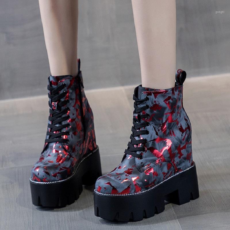 

European America Style New Winter Fashion Height Increasing Platform Cross-tied Women Ankle Short Equestrian Boots 202012141, Black