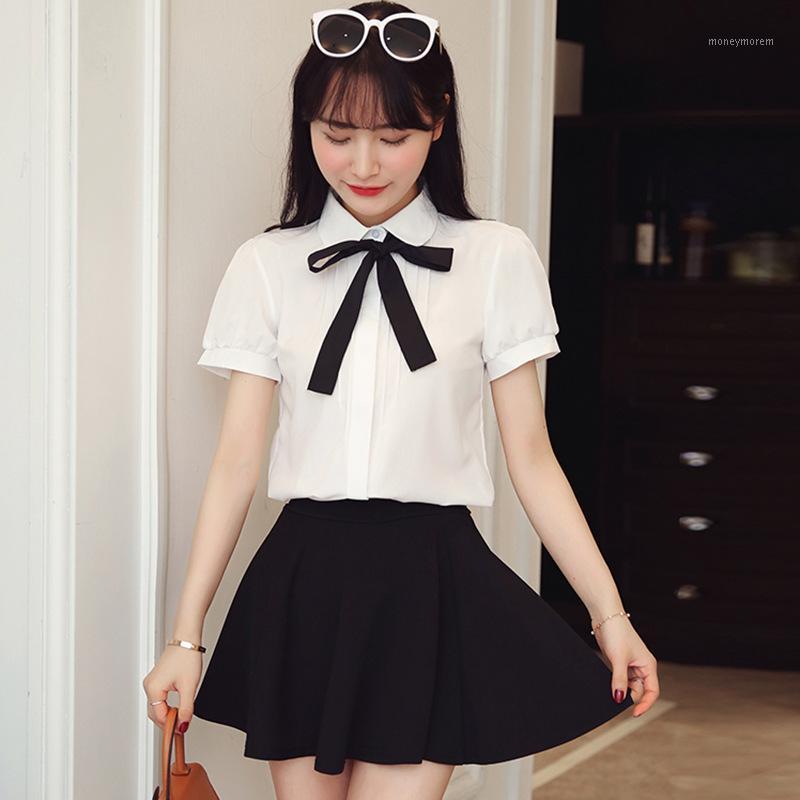 

2020 Summer New Women Short Sleeve Sweet Bow Tie Tops Blouse Fashion White Casual Slim Office Shirts Blouses1, Beige
