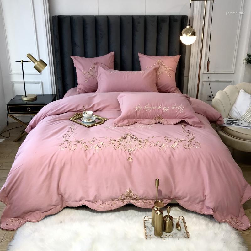 

Pink European Elegant Cotton Sanding Embroidery Bedding Set Duvet Cover Bed Linen Fitted Sheet Pillowcases Bedclothes 4PCS1