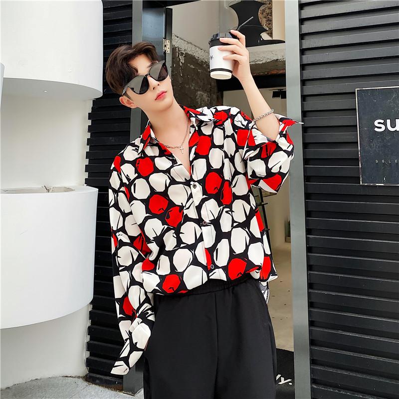 

New Male Streetstyle Retro Pattern Loose Dress Shirt Beach Shirt Men Fashion Print Casual Long Sleeve Shirts, C84