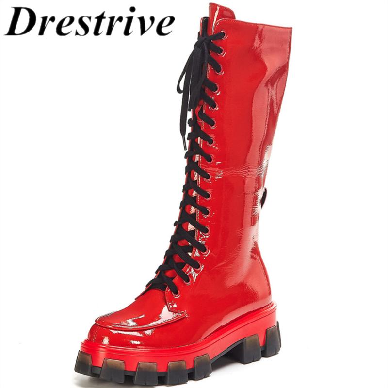 

Drestrive Full Genuine Leather Women Mid Calf Boots Flat Heels Platform Lace Up Non Slip Cow Leather Female Winter Shoes Black, Black winter