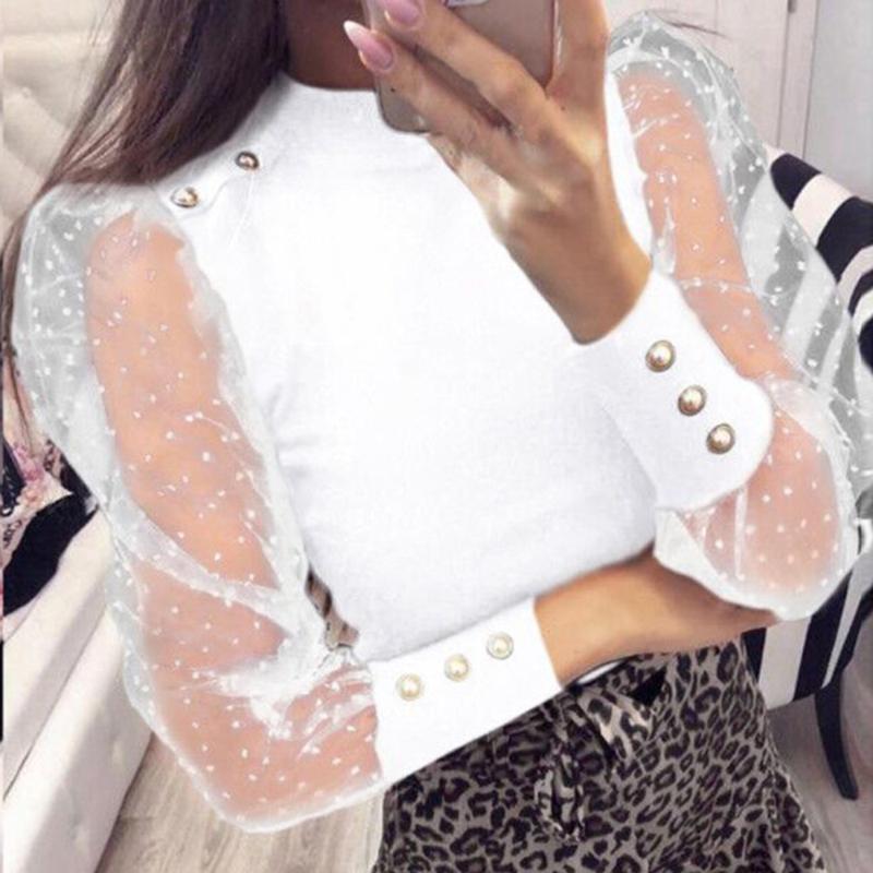 

Lady Mesh Sheer Blouses Shirts Long Sleeve Tops Transparent Lace Puff Sleeve Tops Woman Spring See Through Casual Lace Blouses, White