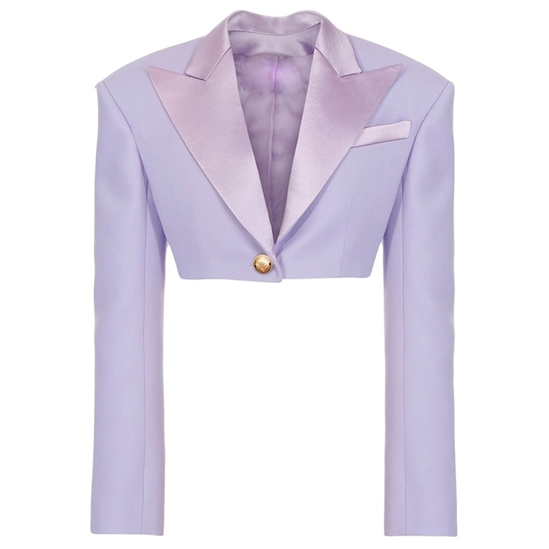 

HIGH STREET Newest Designer Blazer Women's Satin Collar Single Button Crop Blazer Jacket 201114, Lavender